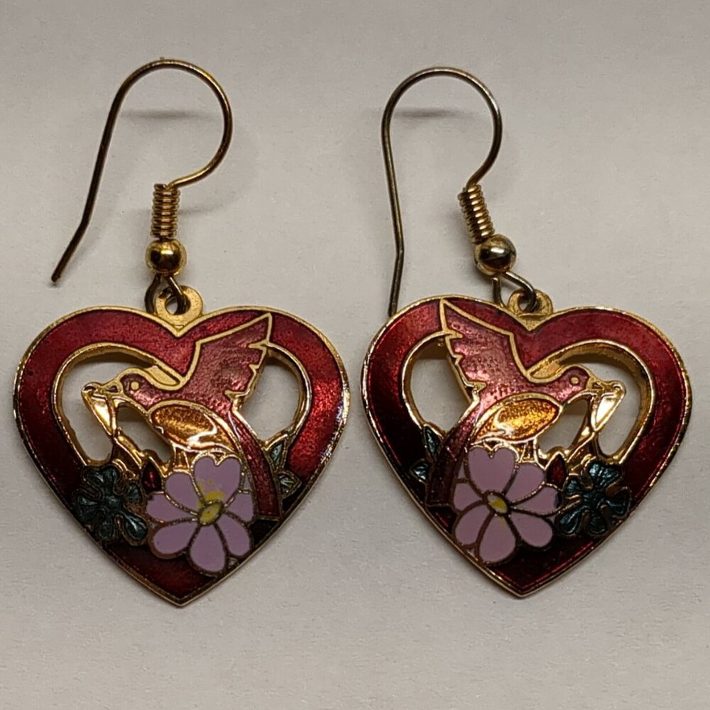 Cloissone Heart and Bird Earrings - Picture 2 of 6